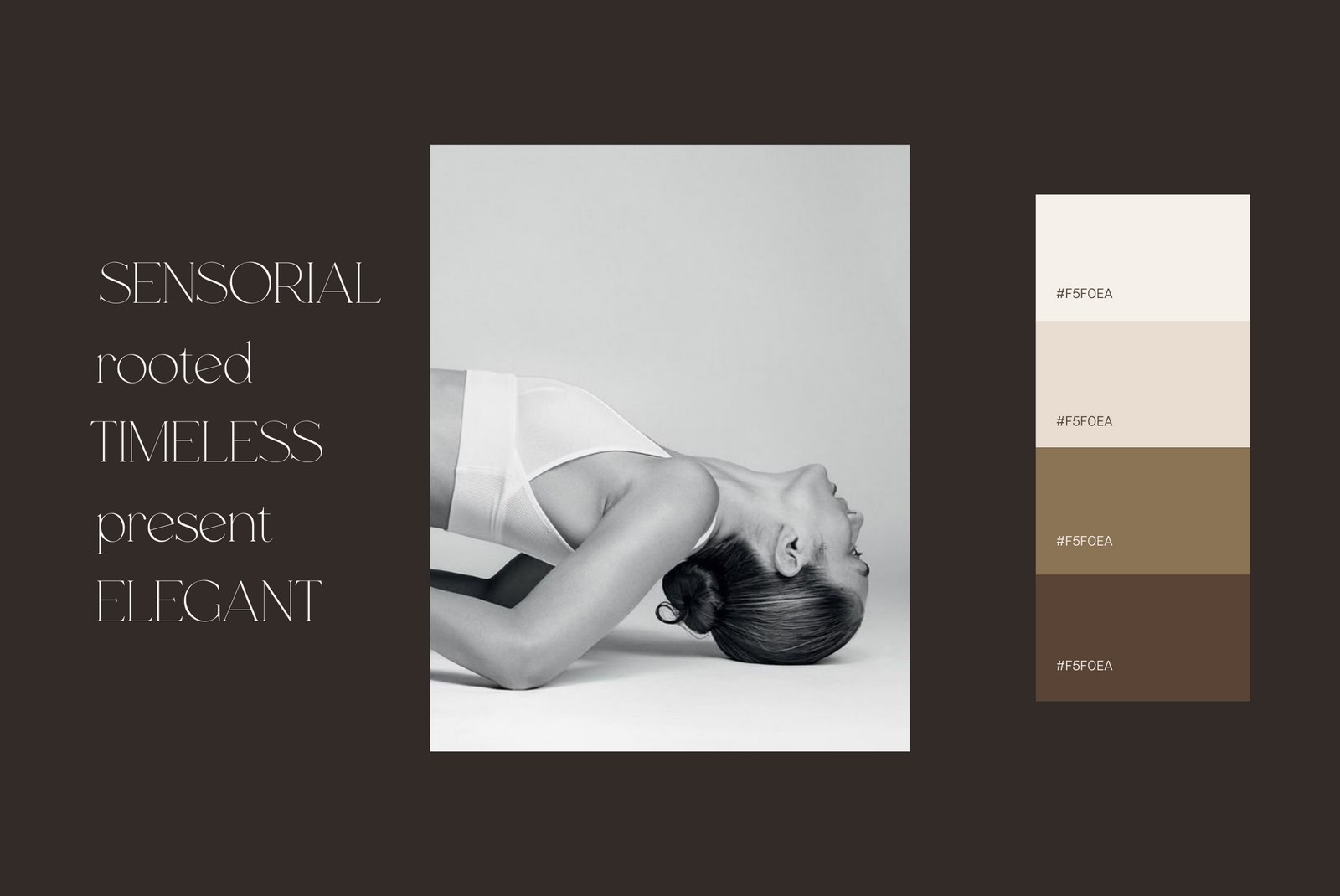 Solène brand direction board with the words sensorial, rooted, timeless, present, elegant and a neutral colour palette